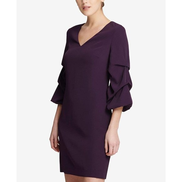 DKNY Aubergine Purple V-Neck Ruched 3/4 Sleeve Shift Dress sz 12 NEW NWT Women's - Picture 3 of 9